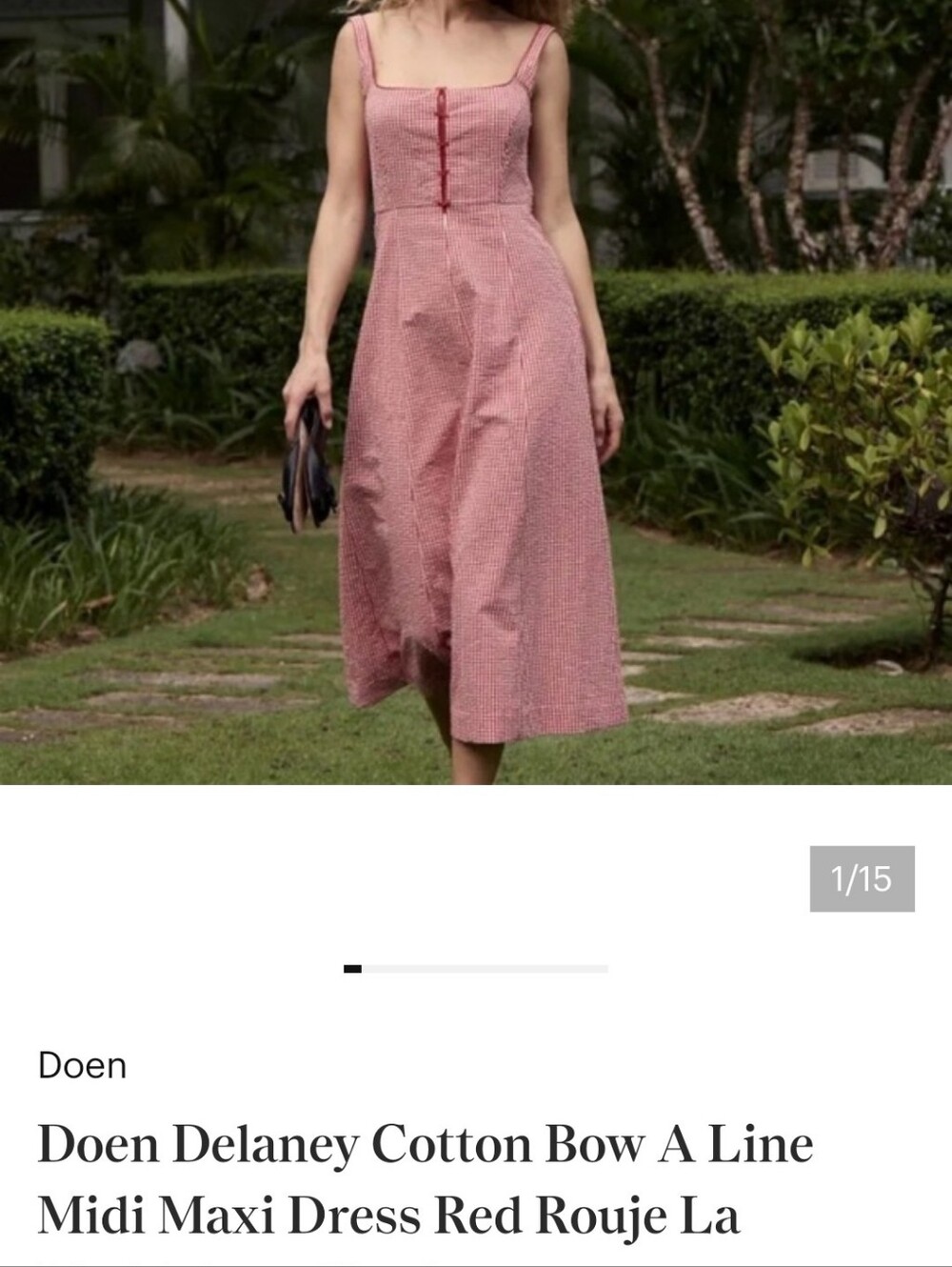 💵Doen Delaney Cotton Bow La Maddelena Red Gingham Maxi Dress Size Medium - Picture 2 of 7